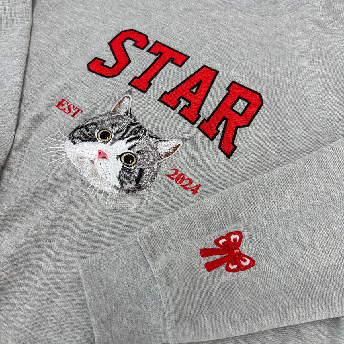 Custom embroidered pet portrait sweatshirt with name and EST year