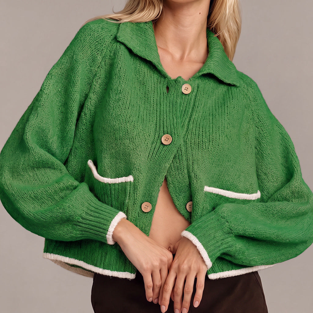 Green oversized knit cardigan with contrast-trim patch pockets
