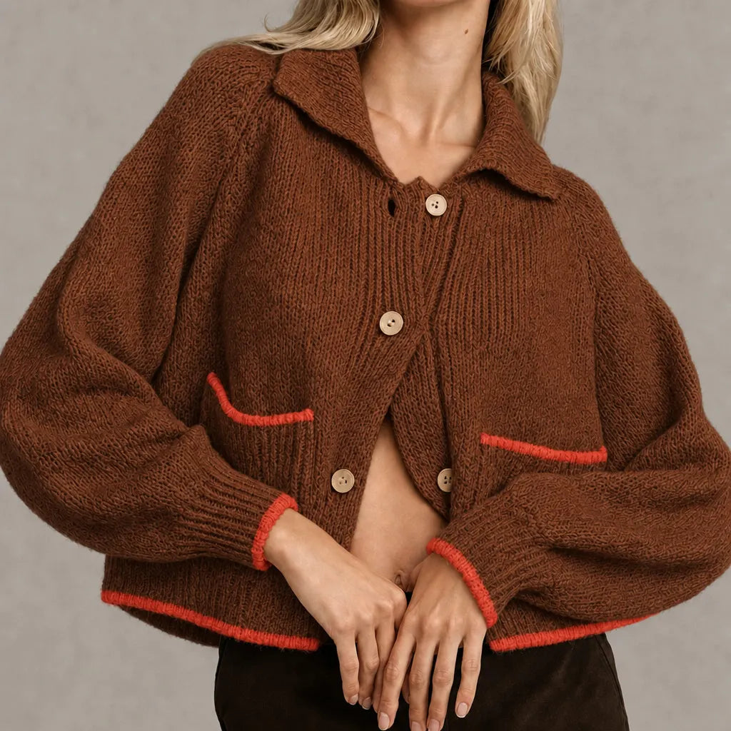 Dark Brown oversized knit cardigan with contrast-trim patch pockets