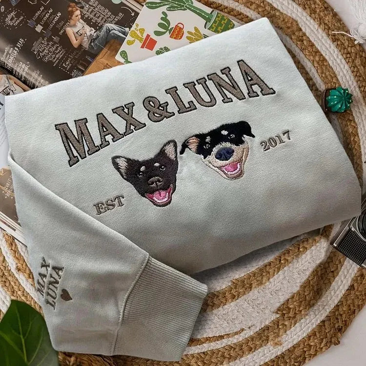 Custom embroidered pet portrait sweatshirt with name and EST year