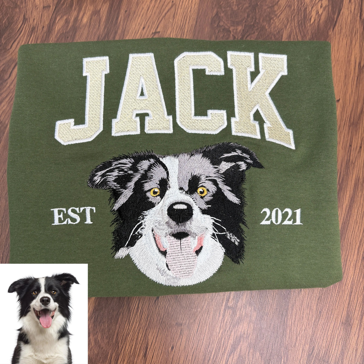 Custom embroidered pet portrait sweatshirt with name and EST year