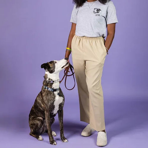 Woman in a white tee with a left chest line art dog portrait and the name Captain, standing with her brindle dog