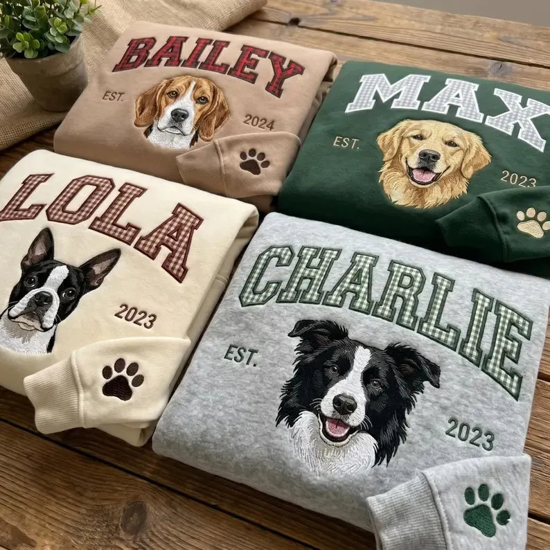 Four custom pet sweatshirts named BAILEY, MAX, LOLA and CHARLIE with floral appliqué letters