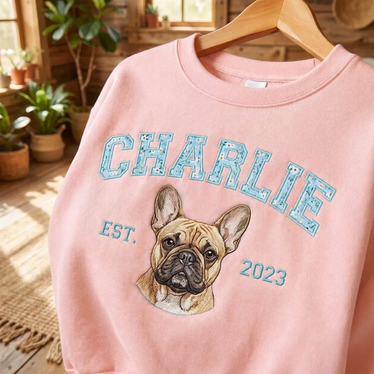 White sweatshirt with CHARLIE in pink floral letters, an embroidered border collie and a pink paw on the cuff