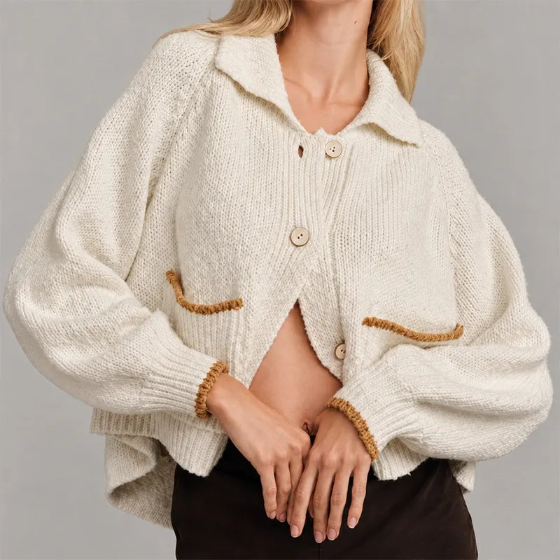 Cream oversized knit cardigan with contrast-trim patch pockets