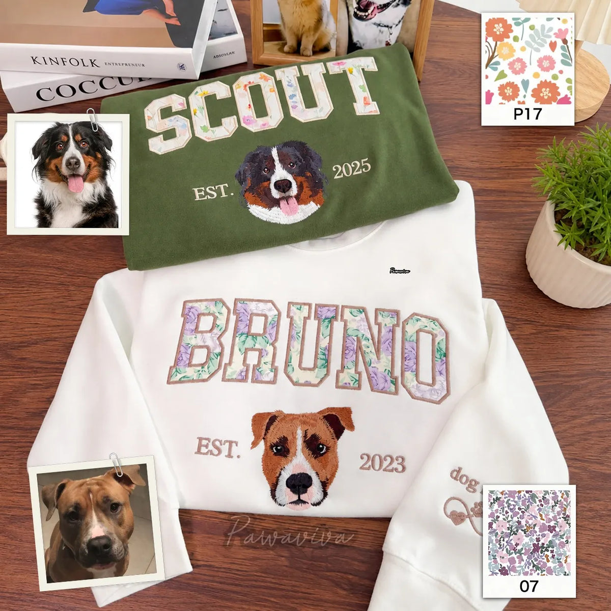 Light blue sweatshirt with LUNA in floral appliqué letters above an embroidered husky