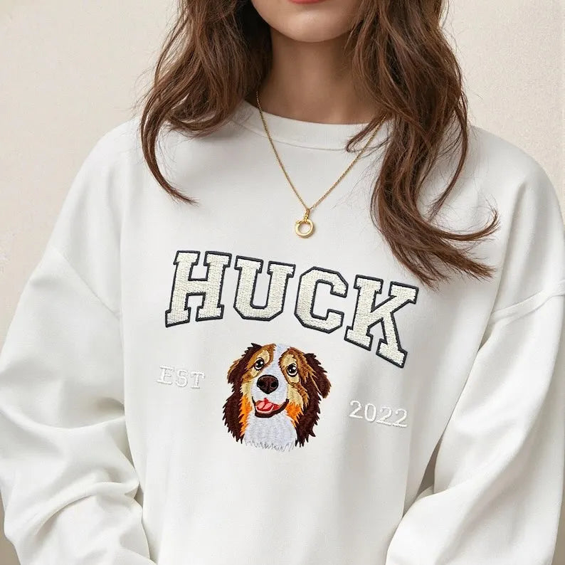 Custom embroidered pet portrait sweatshirt with name and EST year