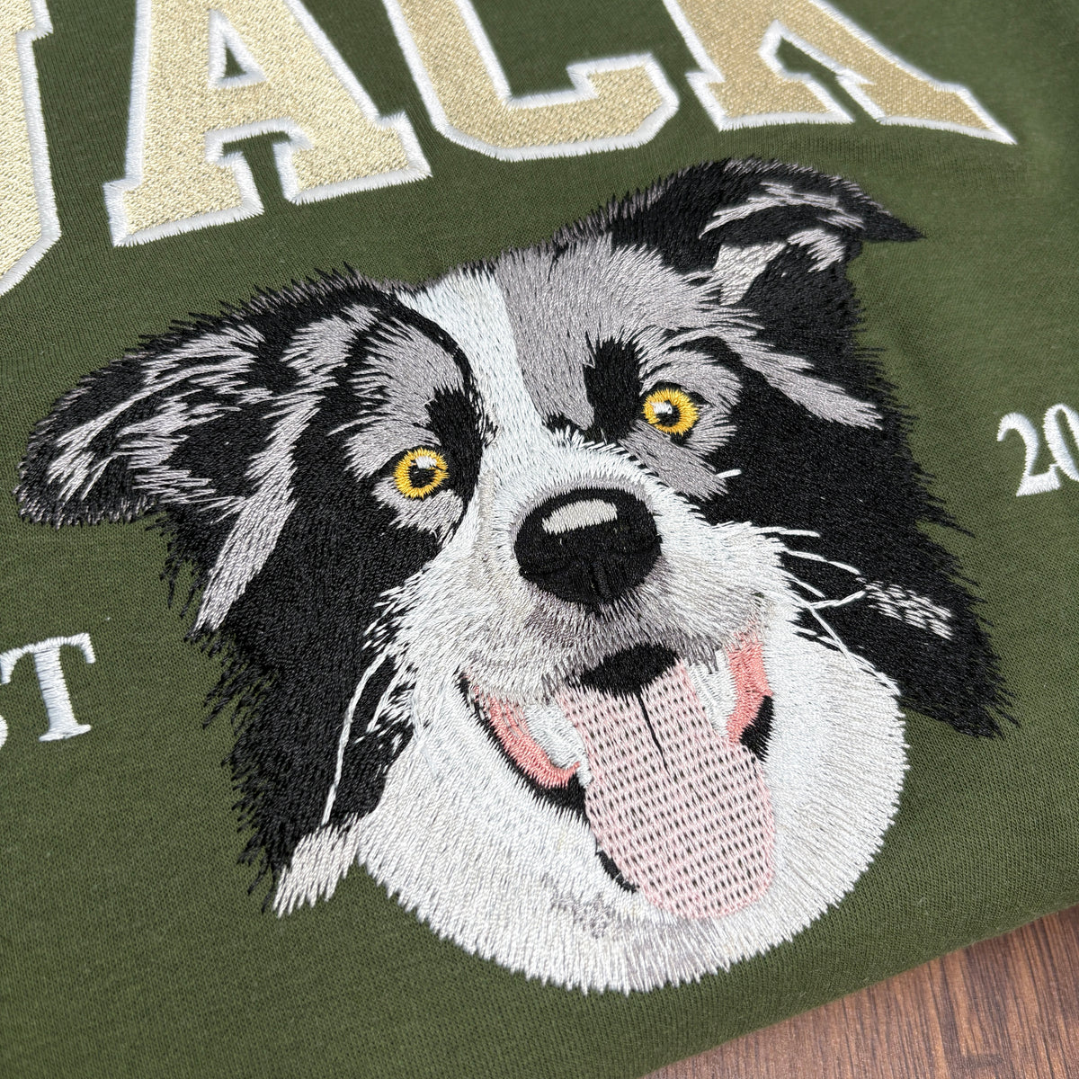 Custom embroidered pet portrait sweatshirt with name and EST year