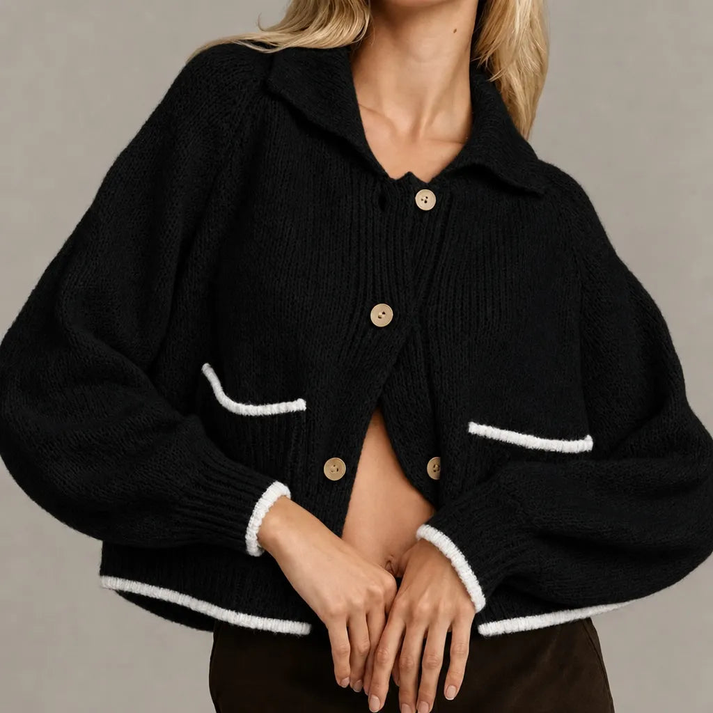 Black oversized knit cardigan with contrast-trim patch pockets