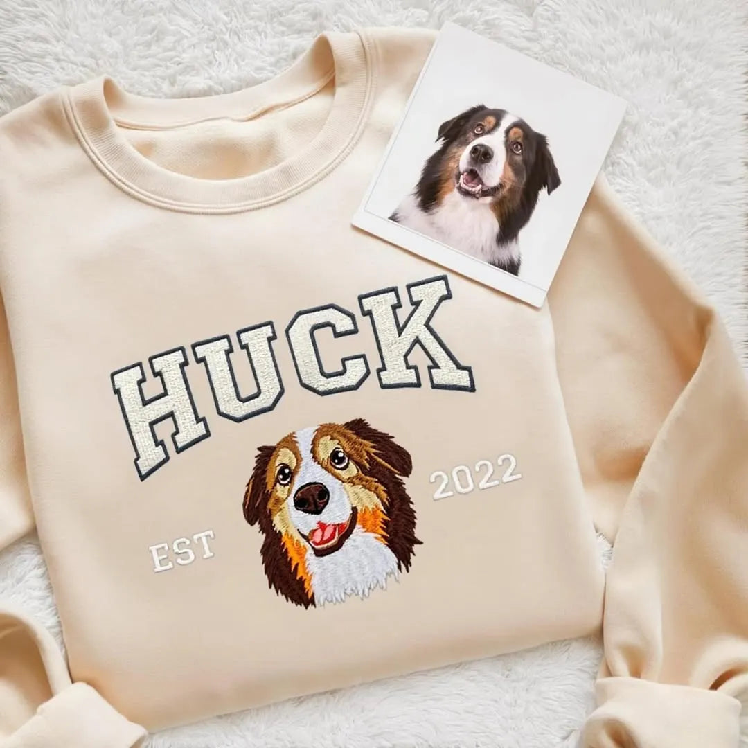 Custom embroidered pet portrait sweatshirt with name and EST year