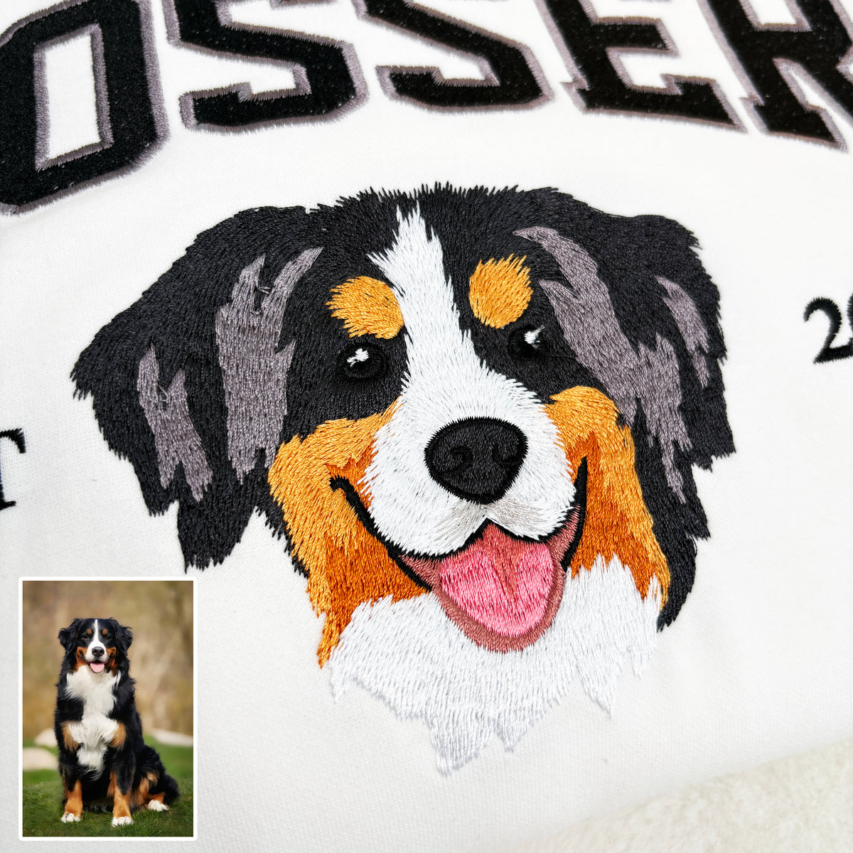 Custom embroidered pet portrait sweatshirt with name and EST year