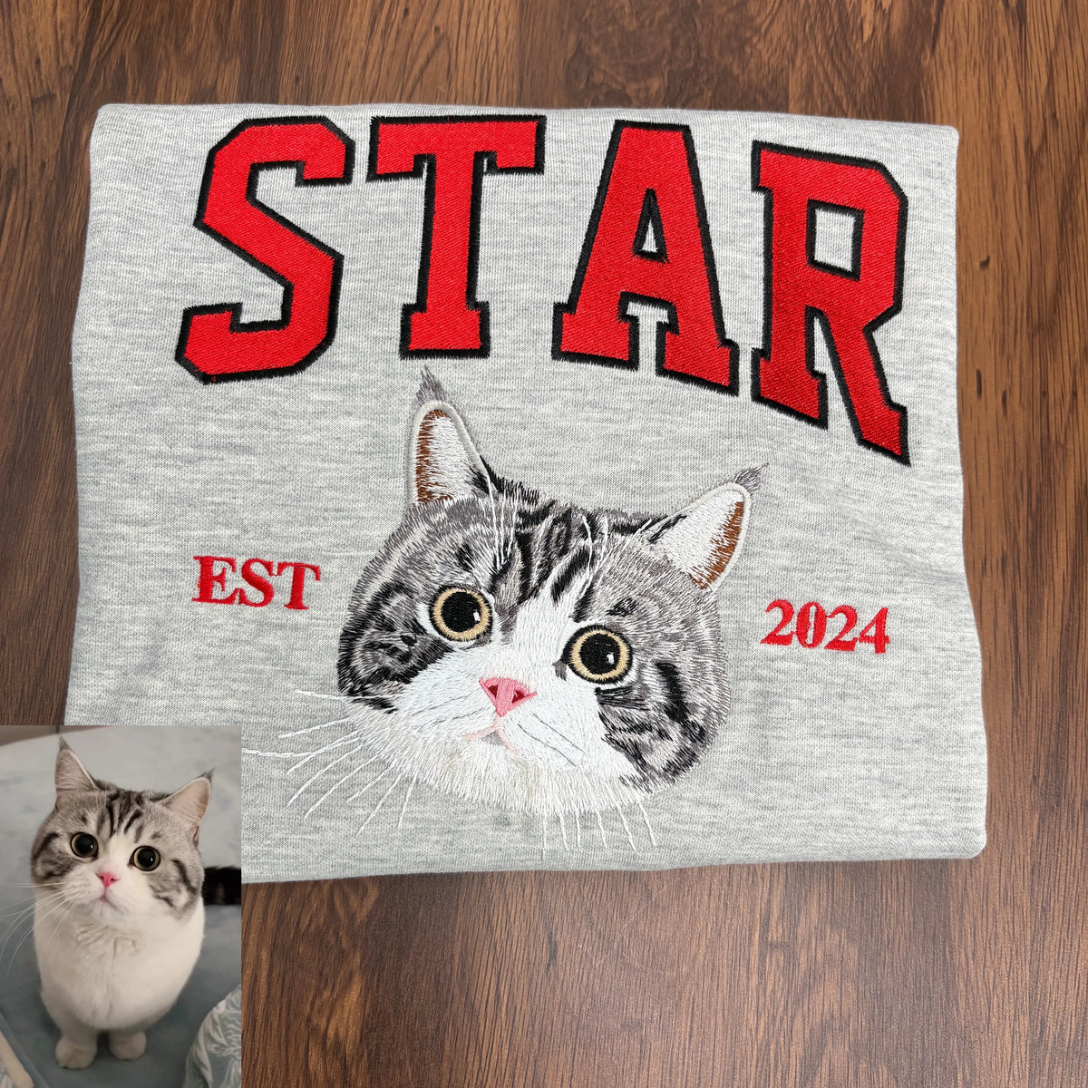 Custom embroidered pet portrait sweatshirt with name and EST year