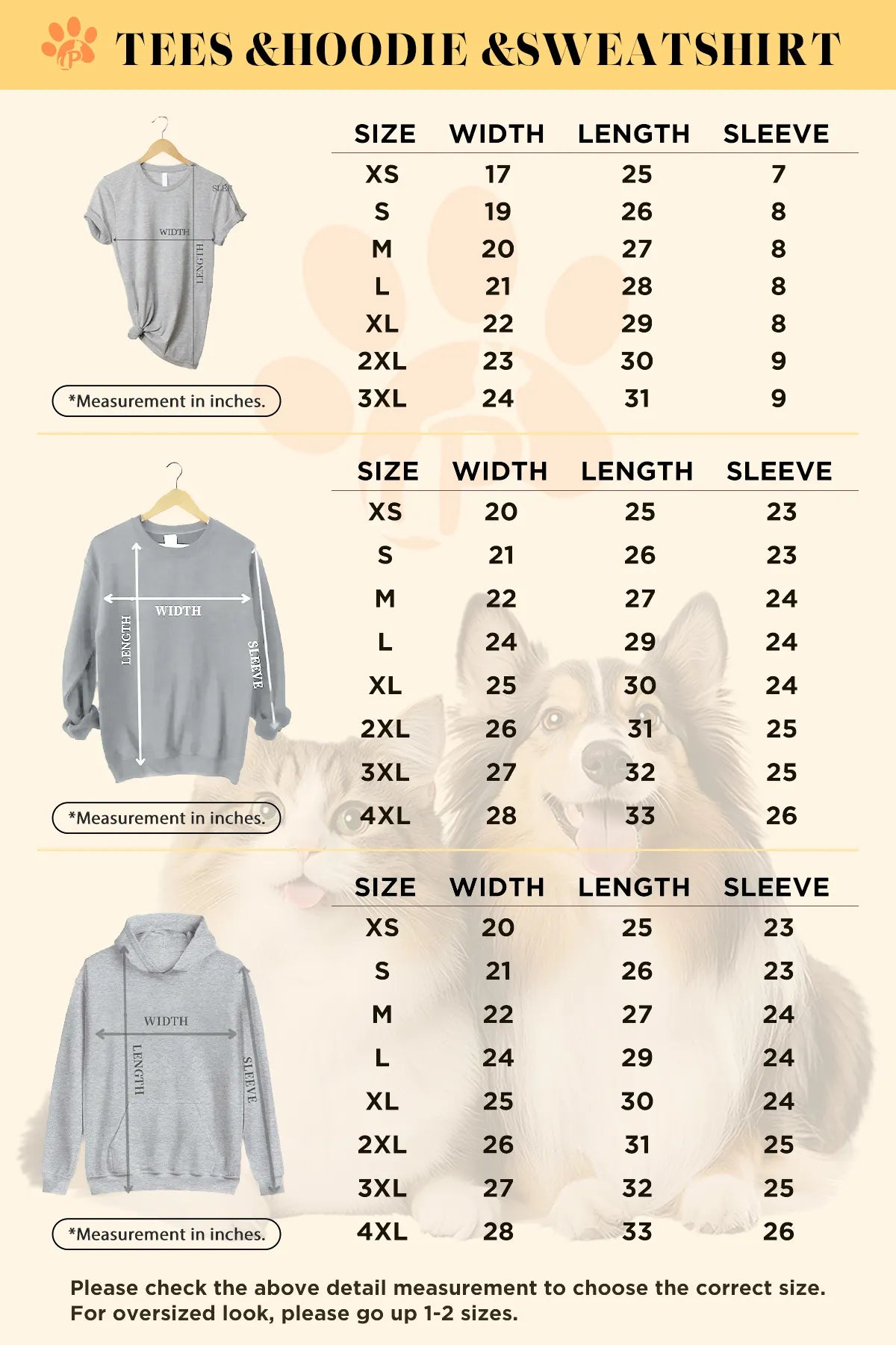 Size chart for the T-shirt, sweatshirt and hoodie in inches