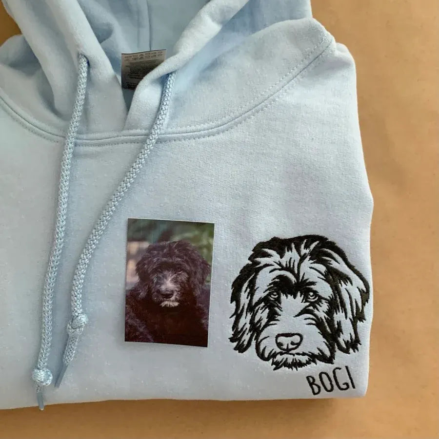 Light blue hoodie with a curly doodle outline and the name Bogi