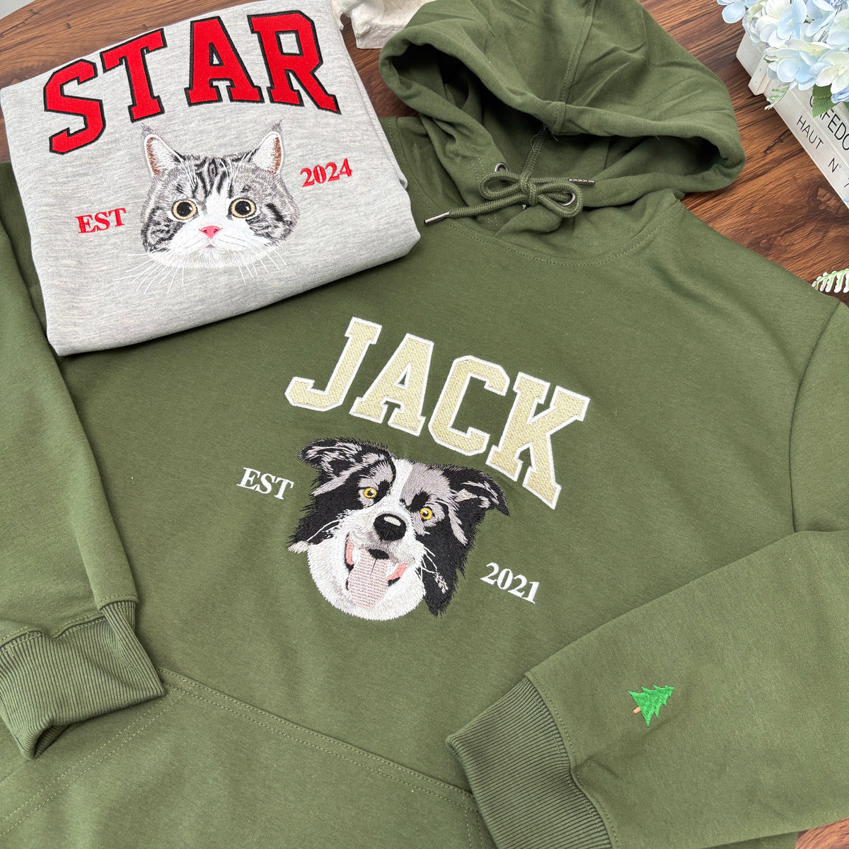 Custom embroidered pet portrait sweatshirt with name and EST year