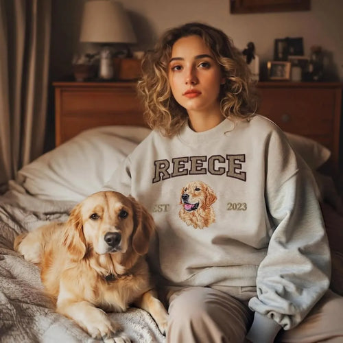 Custom embroidered pet portrait sweatshirt with name and EST year