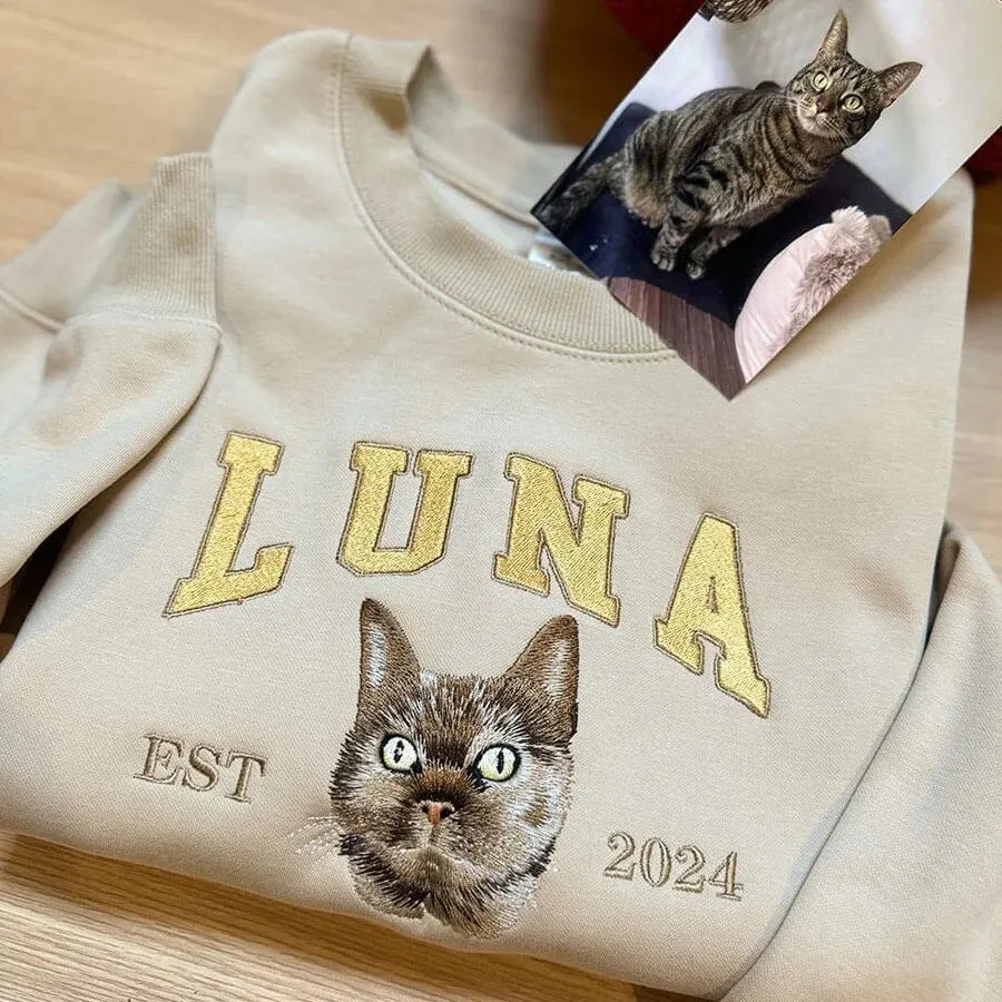 Custom embroidered pet portrait sweatshirt with name and EST year