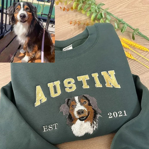 Custom embroidered pet portrait sweatshirt with name and EST year