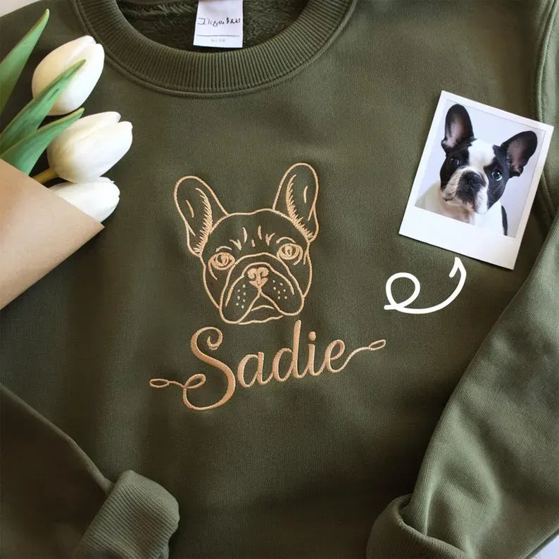 Olive sweatshirt with a centered French bulldog outline and a flourished Sadie script name