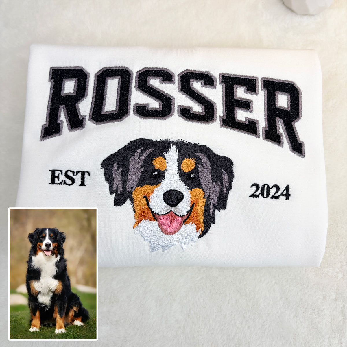 Custom embroidered pet portrait sweatshirt with name and EST year