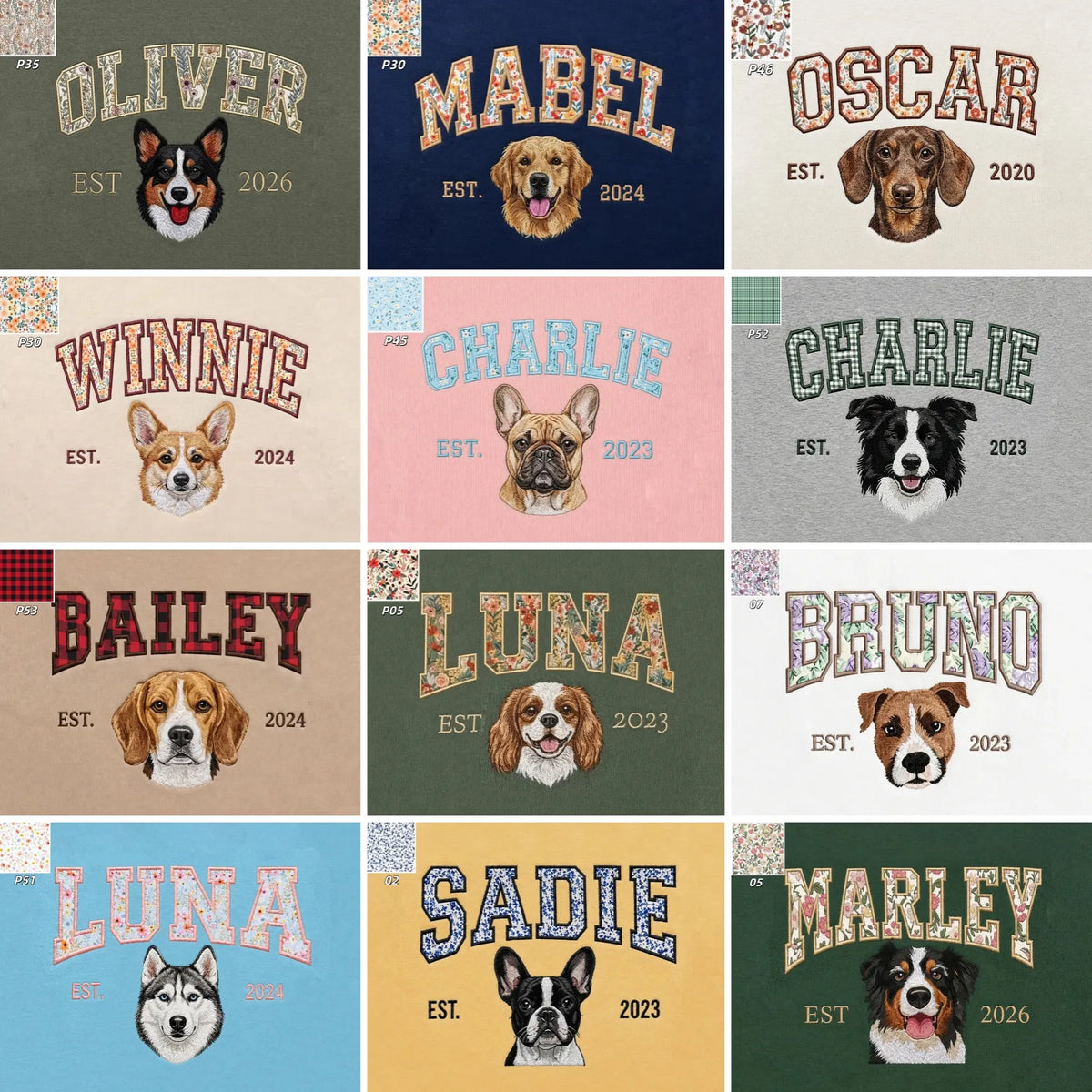 Two custom sweatshirts named SCOUT and BRUNO with floral letters and embroidered dog portraits