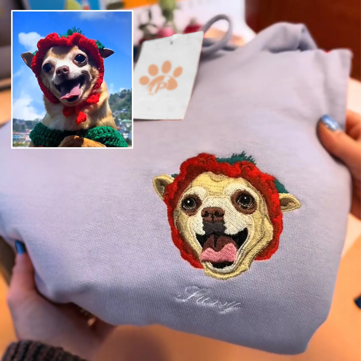 Chihuahua in a knitted strawberry hat embroidered on a lavender sweatshirt with a script name