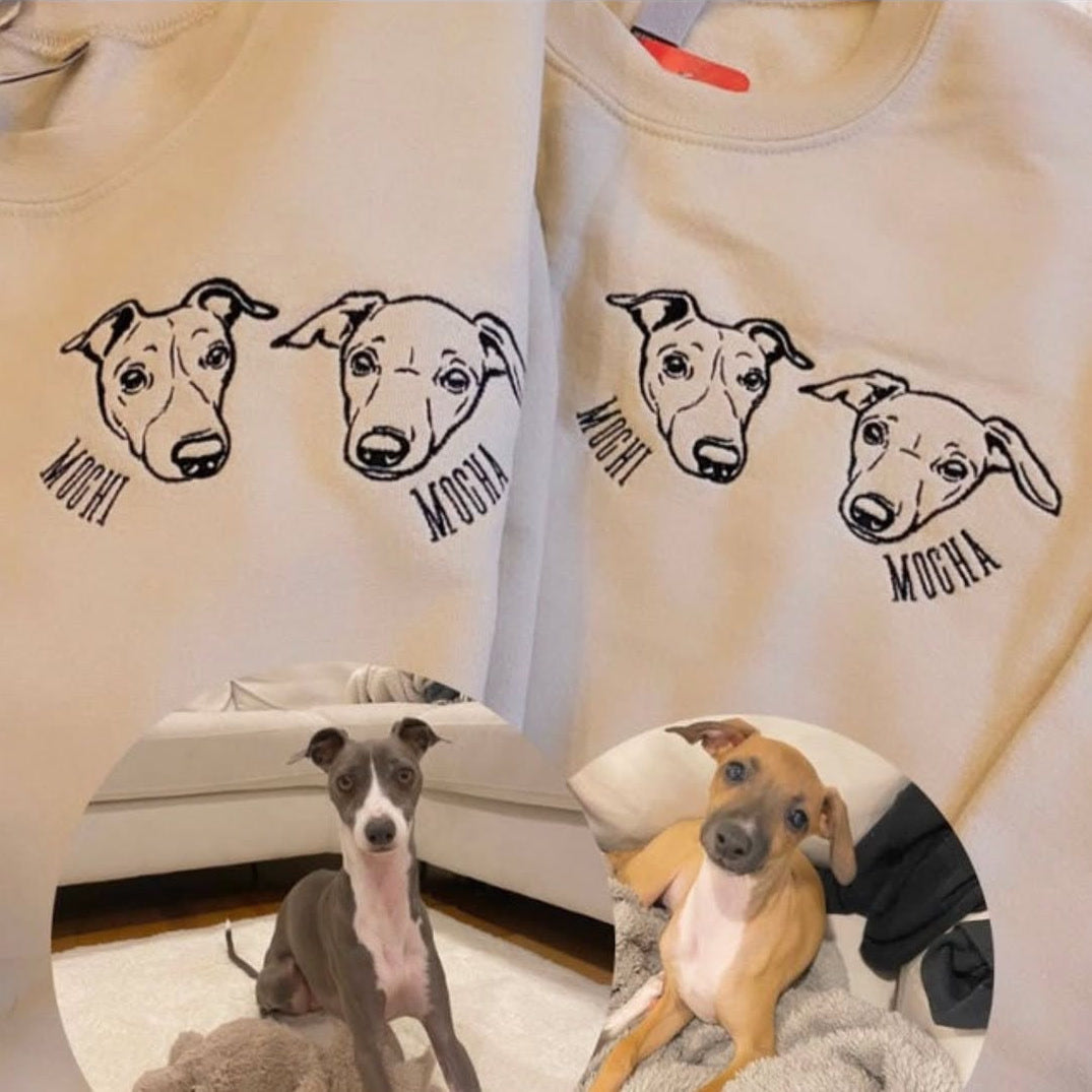 Two cream sweatshirts with outline portraits of whippets named MOCHI and MOCHA, shown with the dogs' photo
