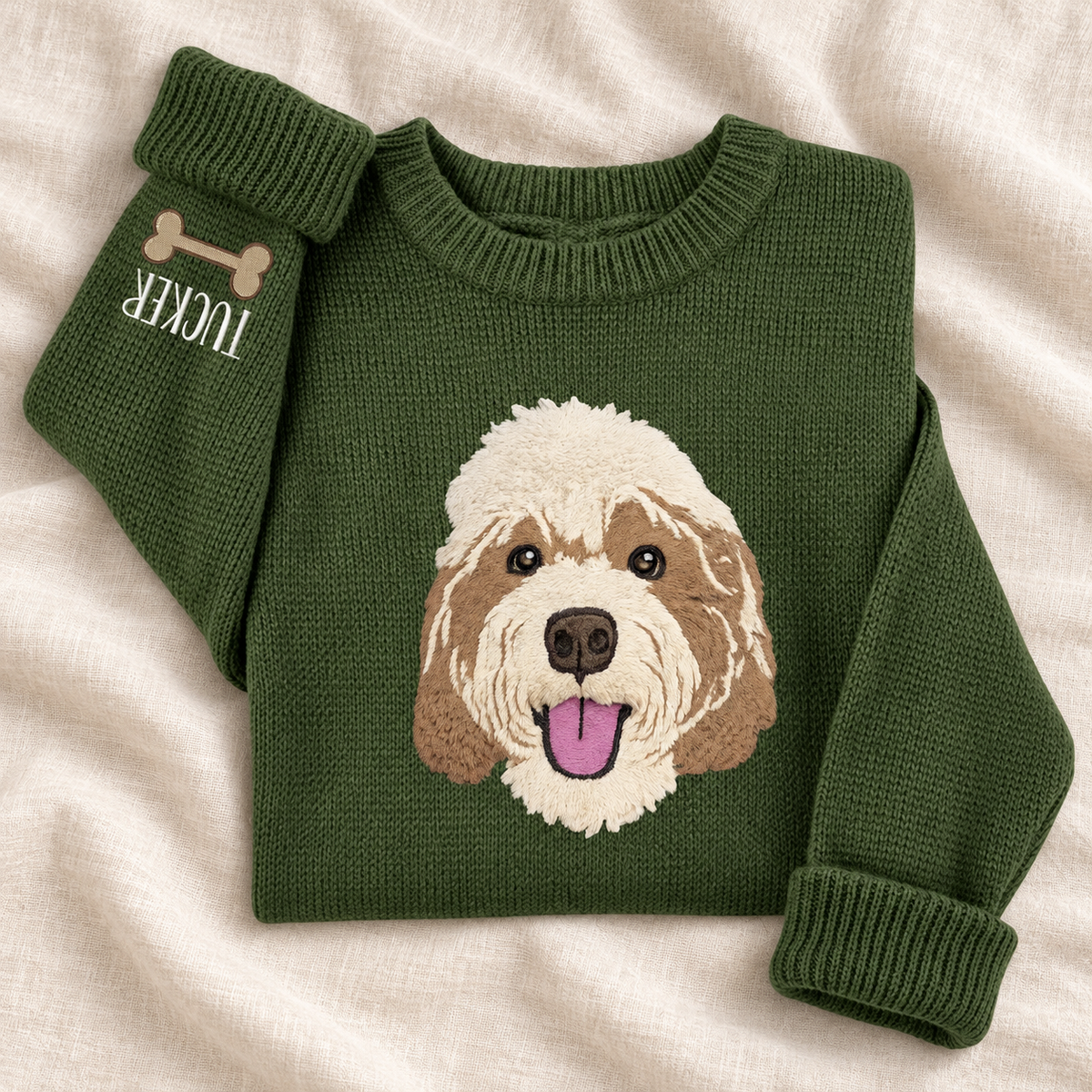 Folded olive knit sweater with Tucker dog portrait and sleeve name and bone detail