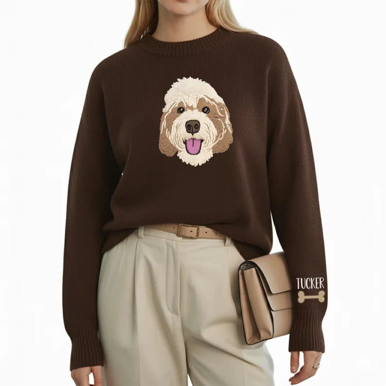 Model wearing brown dog portrait knit sweater with personalized sleeve
