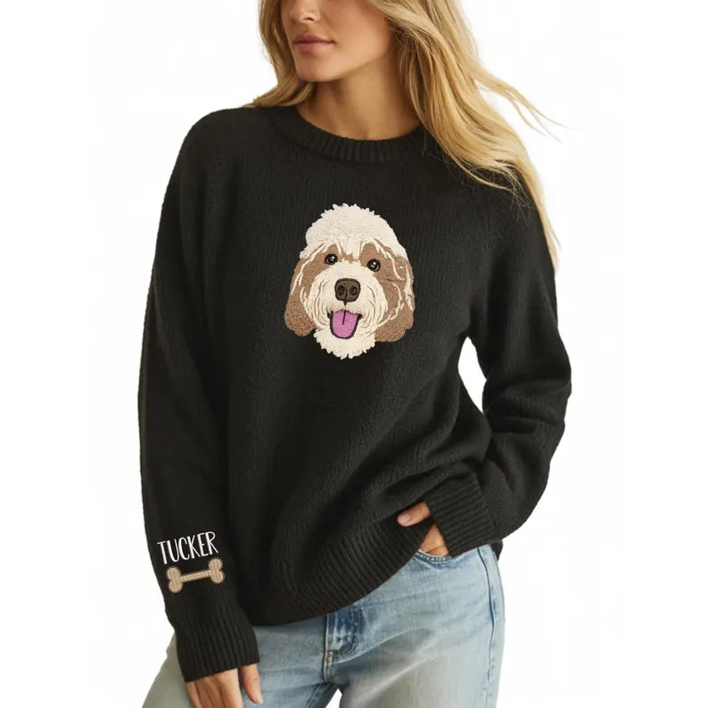 Model wearing black Tucker pet portrait knit sweater