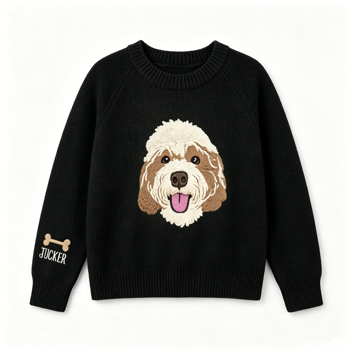 Black crewneck knit sweater with Tucker dog portrait and sleeve bone detail