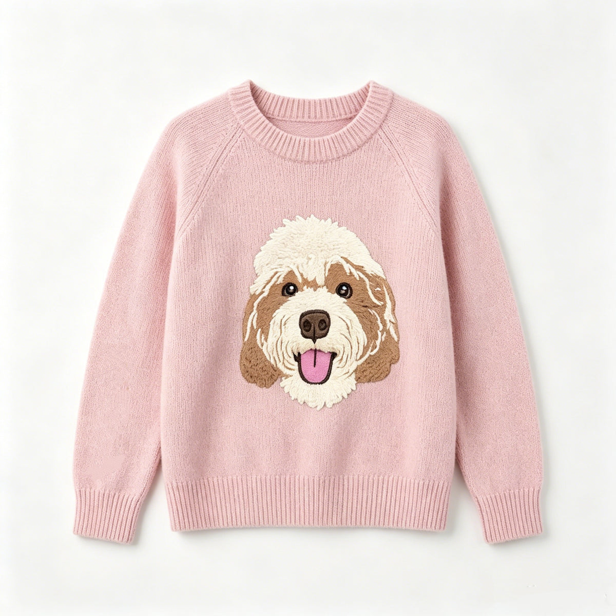 Pink crewneck knit sweater with a personalized dog portrait