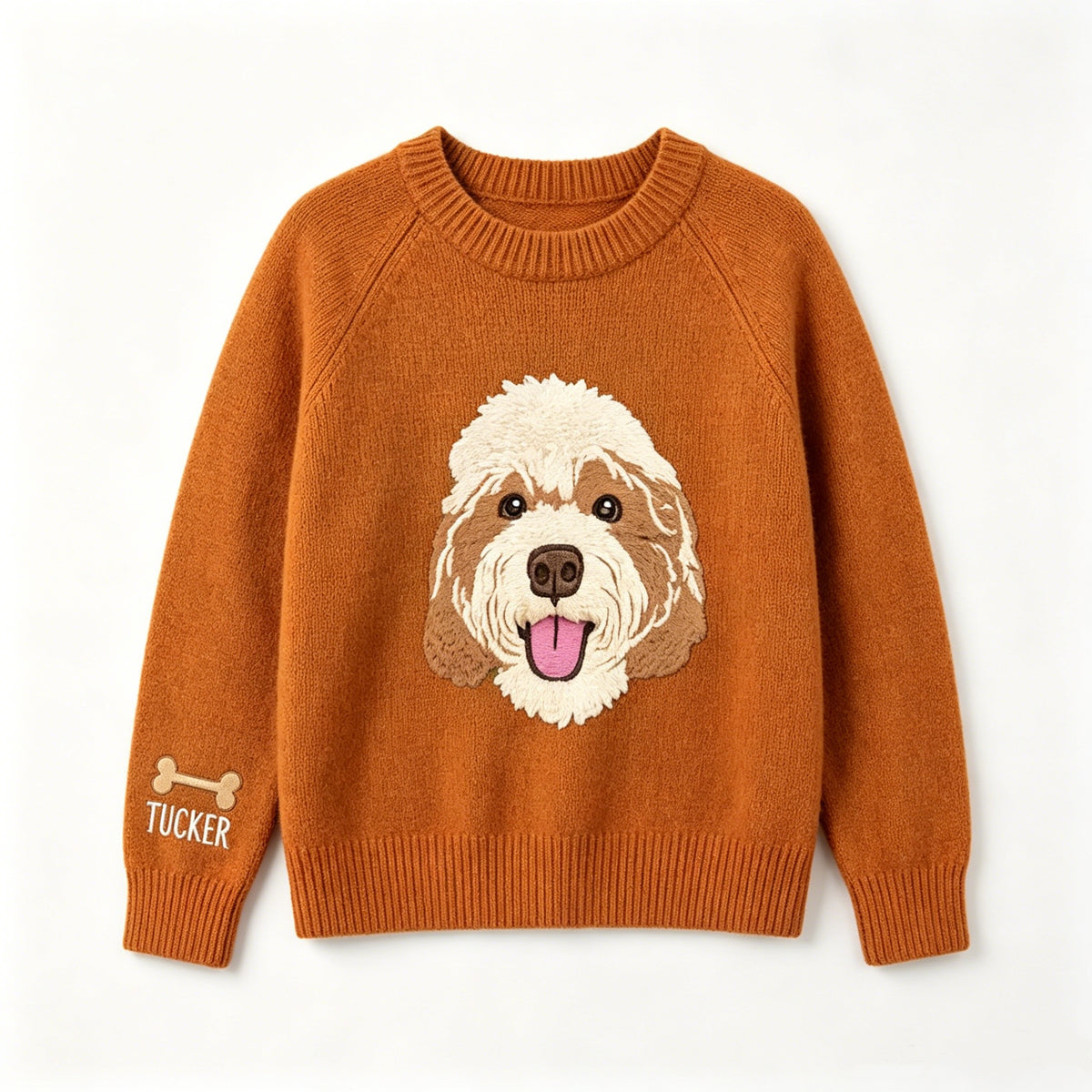 Rust orange pet portrait knit sweater with Tucker sleeve detail