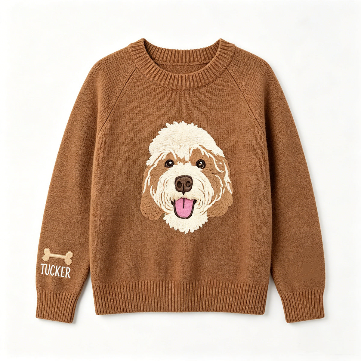 Camel brown pet portrait knit sweater with sleeve name and bone accent