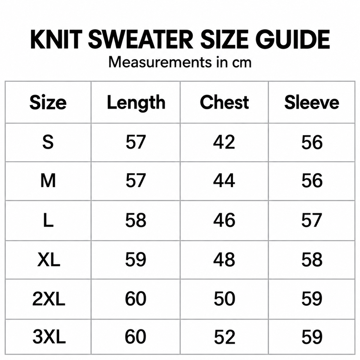 Knit sweater garment size guide in centimetres for S through 3XL