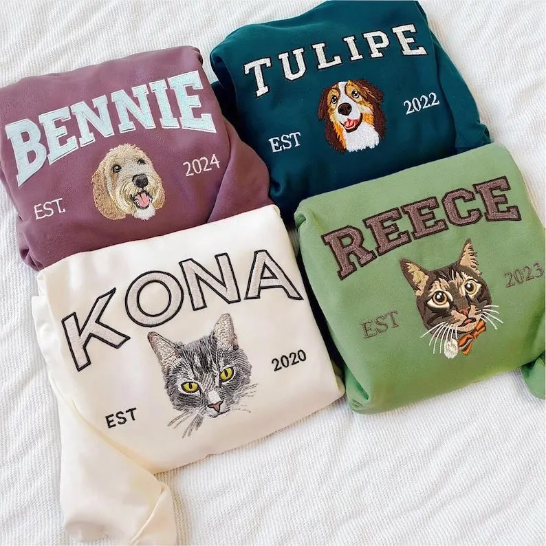 Custom embroidered pet portrait sweatshirt with name and EST year