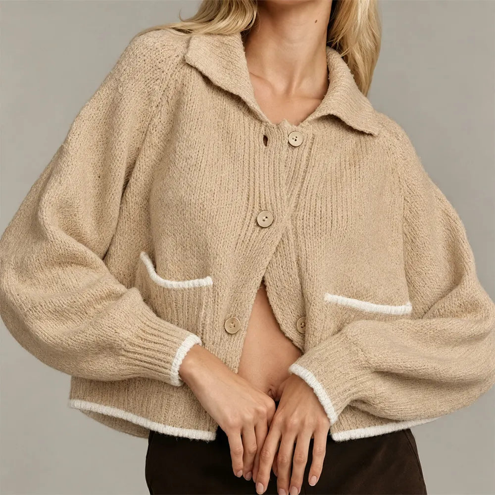 Brown oversized knit cardigan with contrast-trim patch pockets