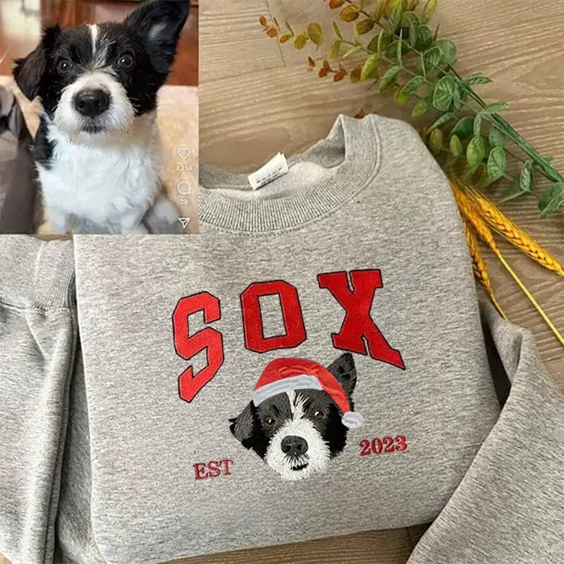 SOX dog portrait sweatshirt with an embroidered Santa hat added above the dog's head