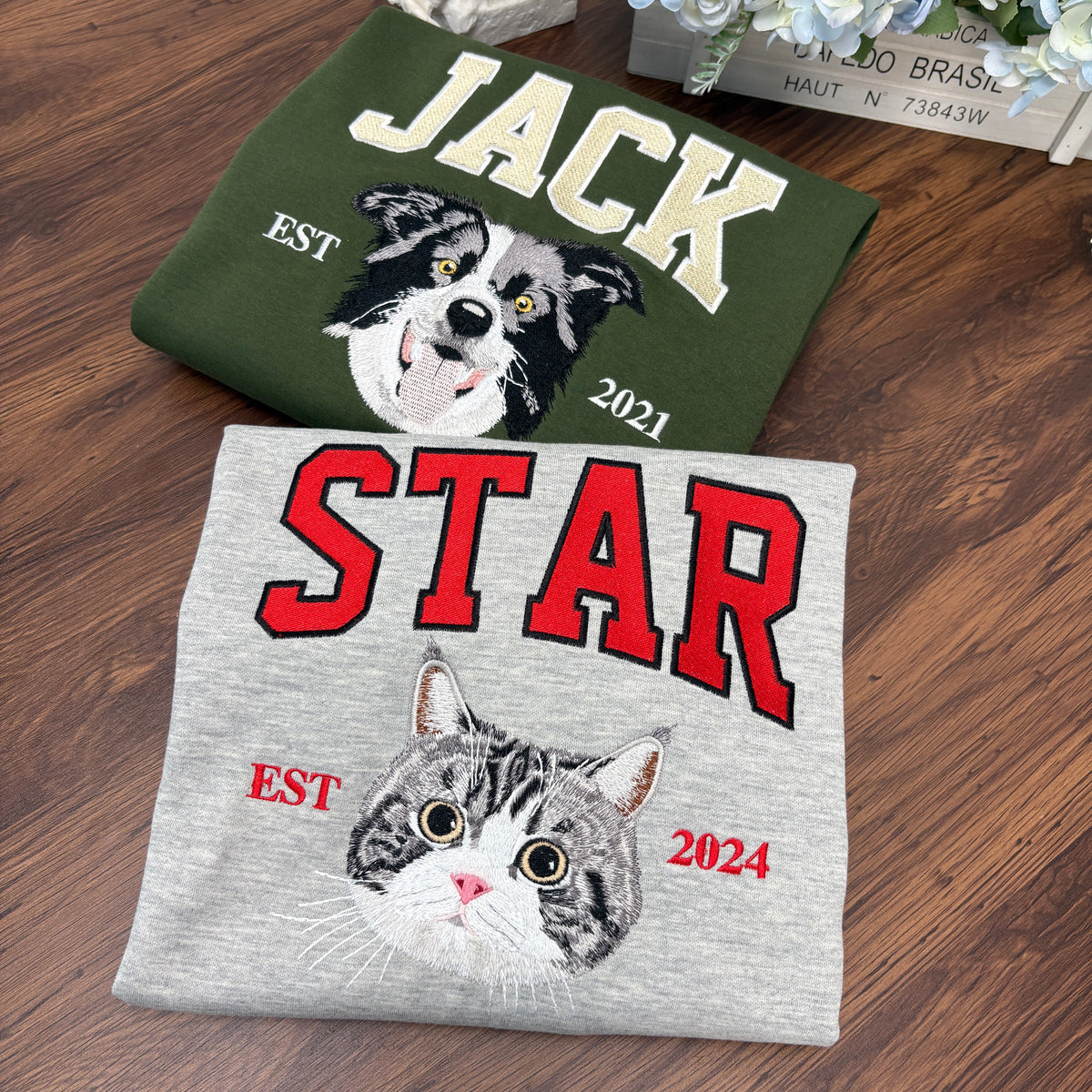 Custom embroidered pet portrait sweatshirt with name and EST year