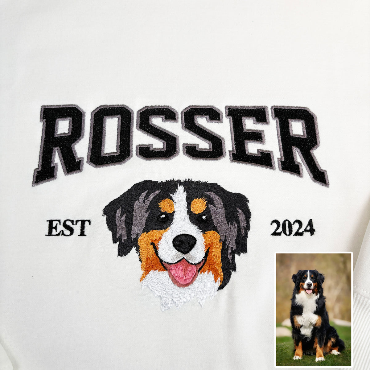 Custom embroidered pet portrait sweatshirt with name and EST year