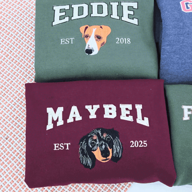 Animated preview of custom pet name sweatshirts in different colors