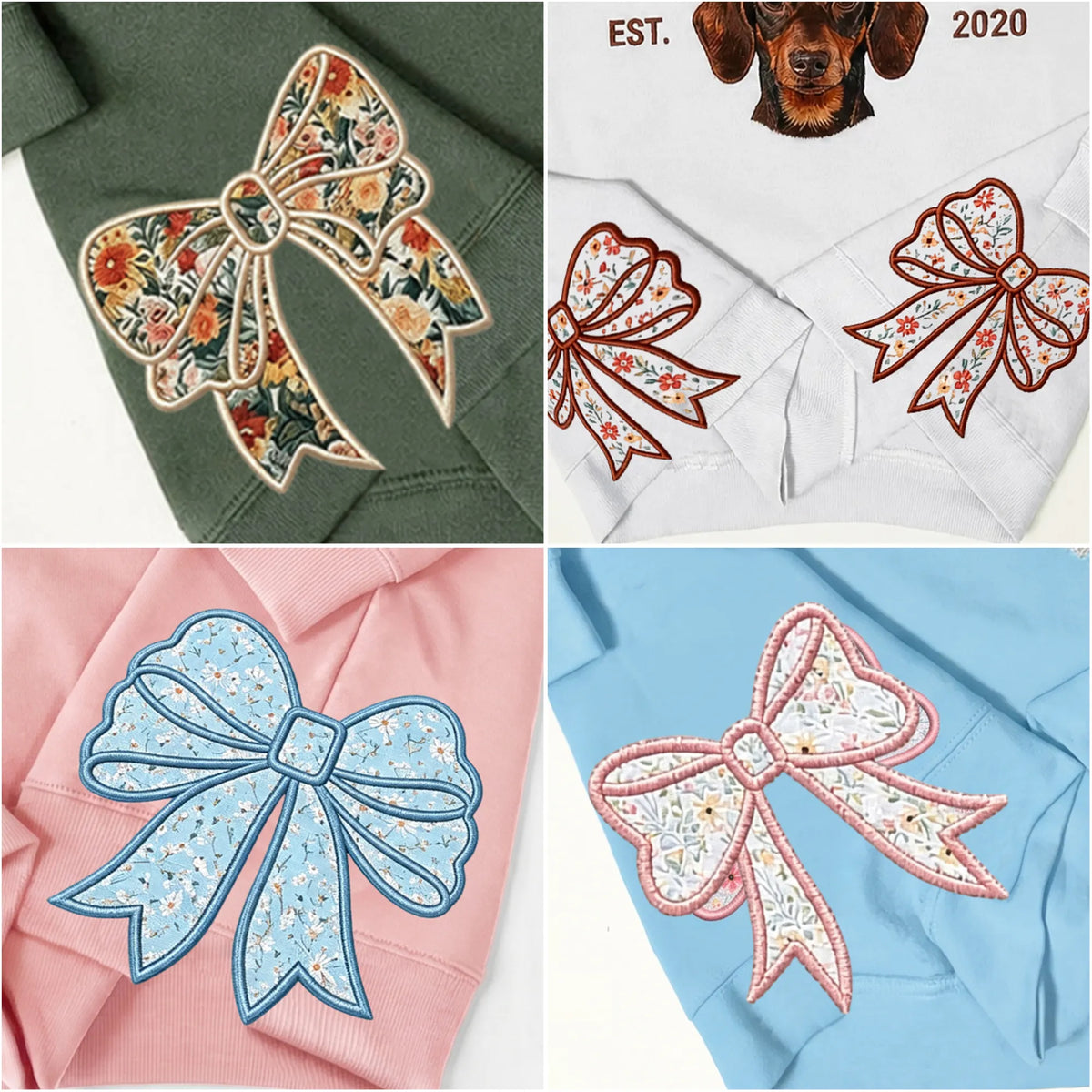 Four close-ups of floral bow appliqués on green, white, pink and light blue sweatshirts