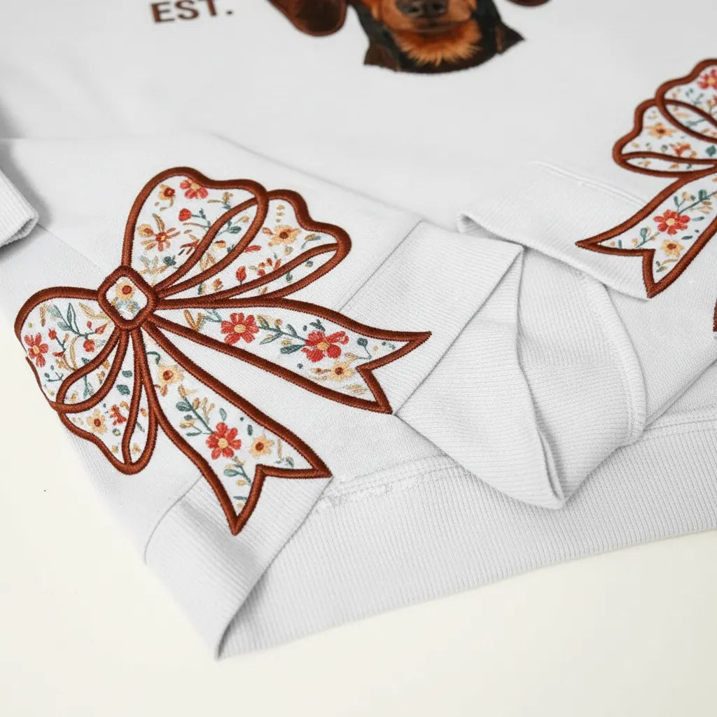 Close-up of a red floral bow appliqué on a white sweatshirt