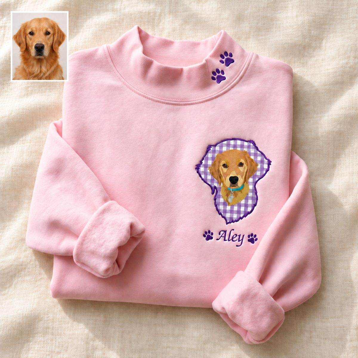 Pink gingham pet portrait mockneck with Aley name and small golden retriever photo inset