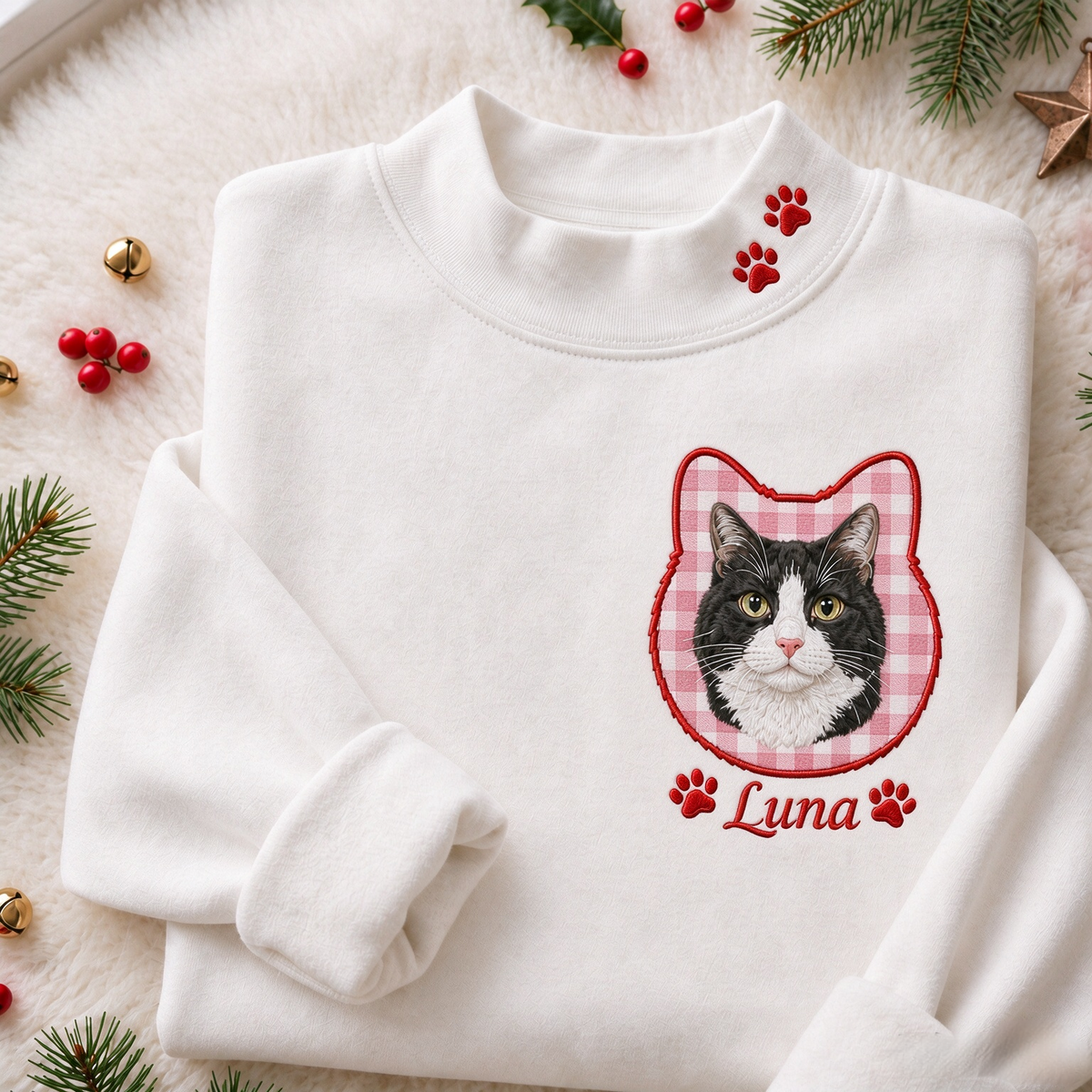 White mockneck sweatshirt with Luna cat portrait and red gingham applique