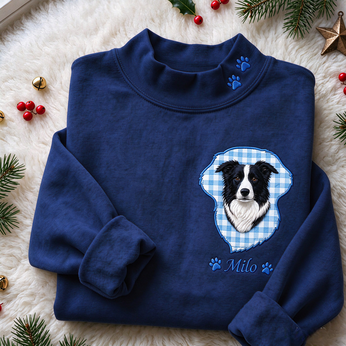 Navy mockneck sweatshirt with Milo dog portrait and blue gingham applique