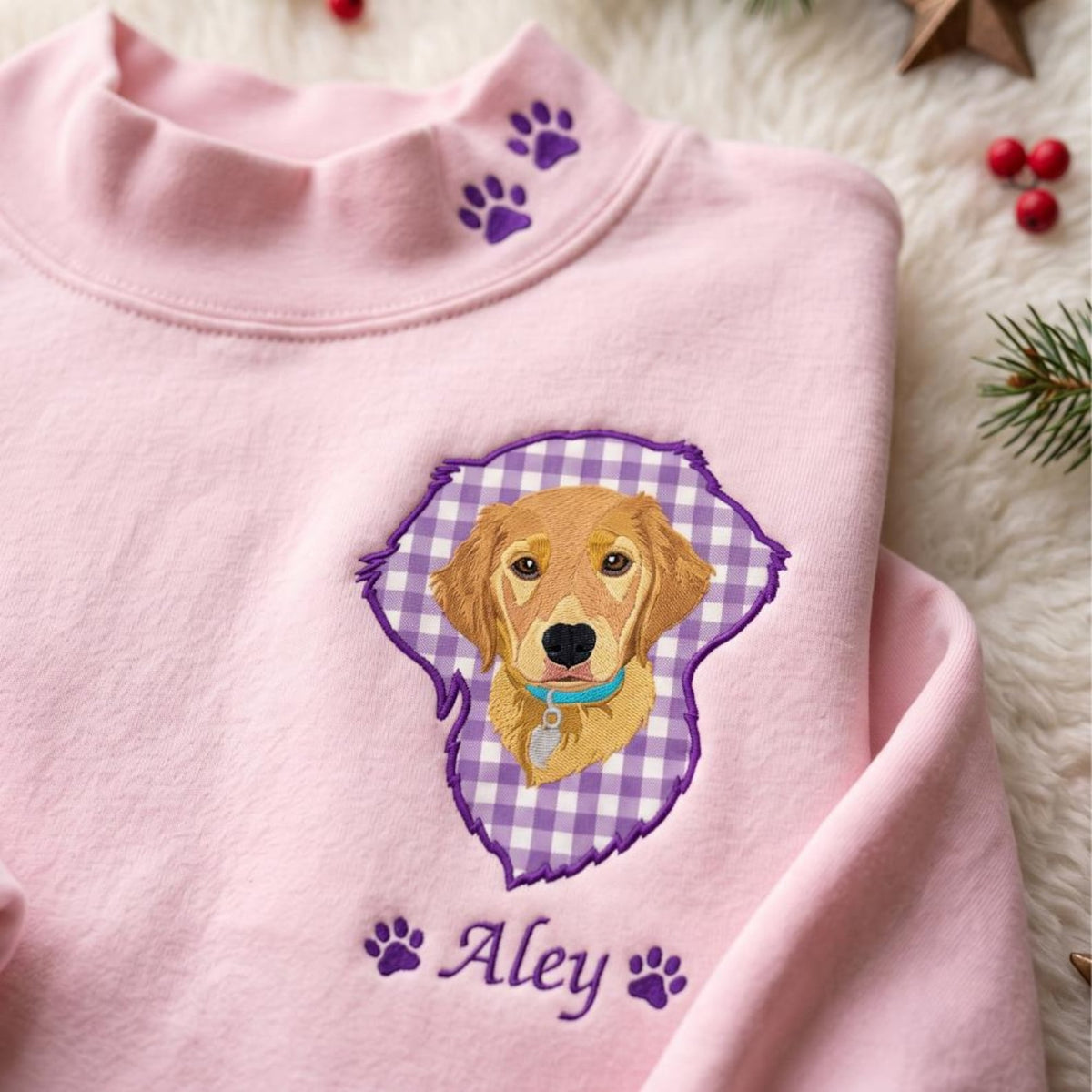 Close-up of Aley dog portrait with purple gingham applique and paw details
