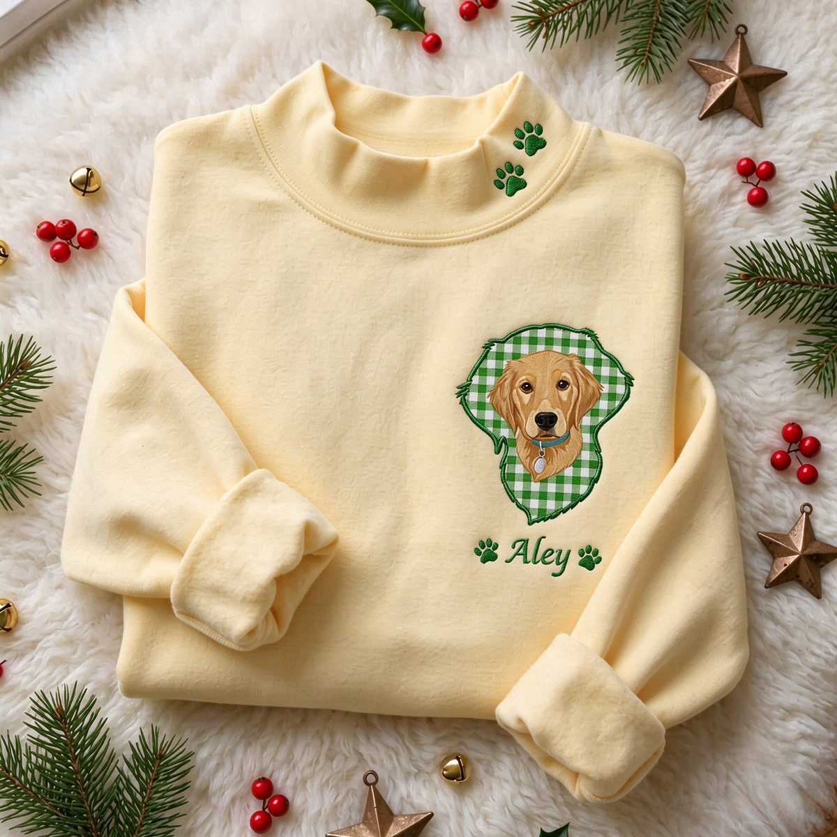 Yellow mockneck with green gingham dog portrait applique and pet name