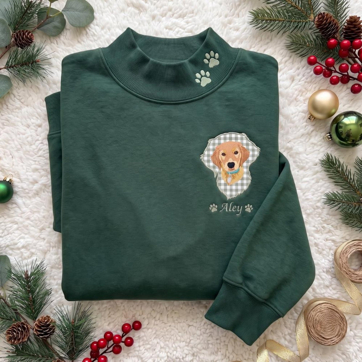 Green mockneck sweatshirt with Aley portrait, name and collar paw details