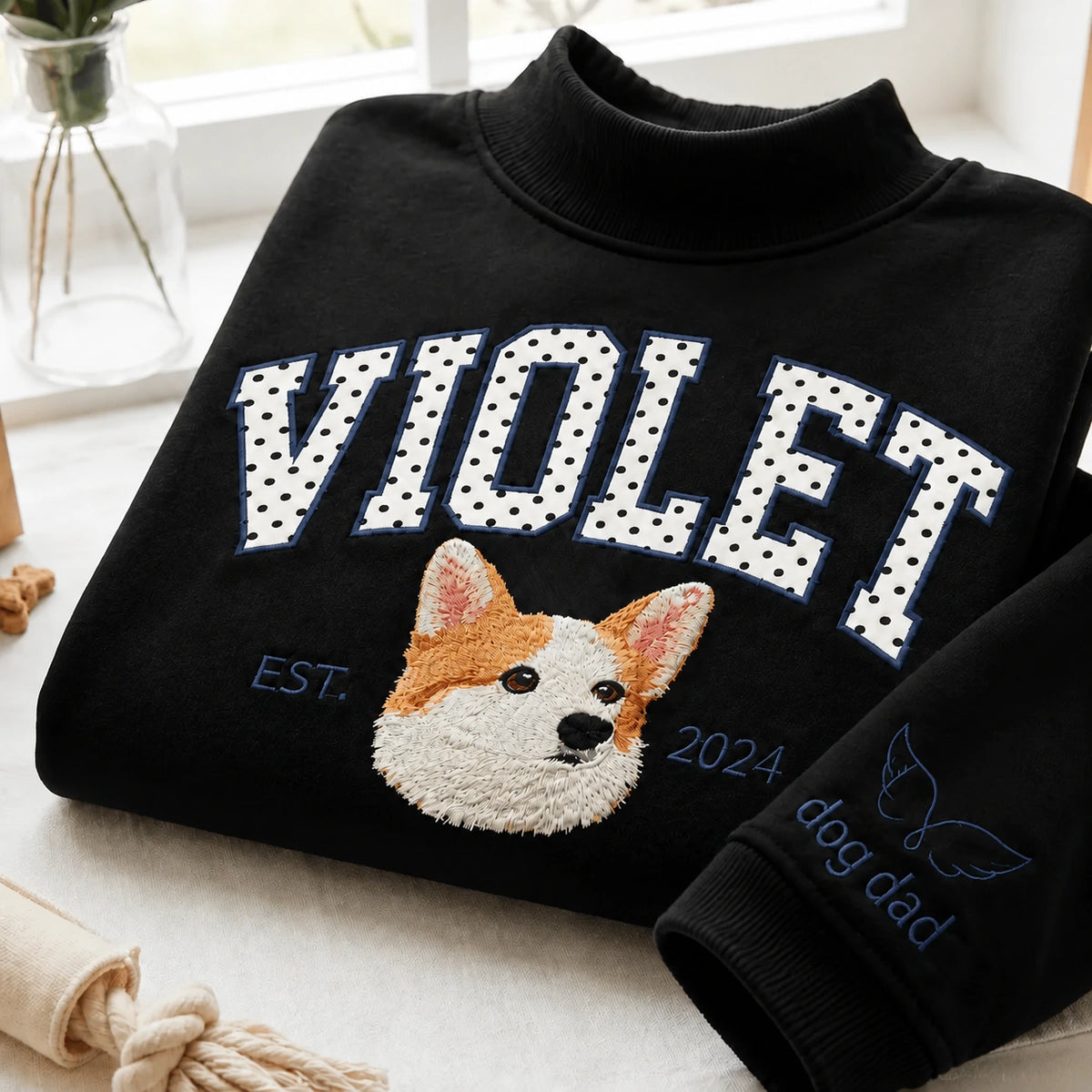 Black mockneck sweatshirt with VIOLET in polka-dot letters above an embroidered corgi and dog dad on the sleeve